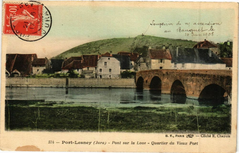 Carte postale ancienne Port-Lesney - Quartier duVieux Port - Pont sur la Loue à Port-Lesney