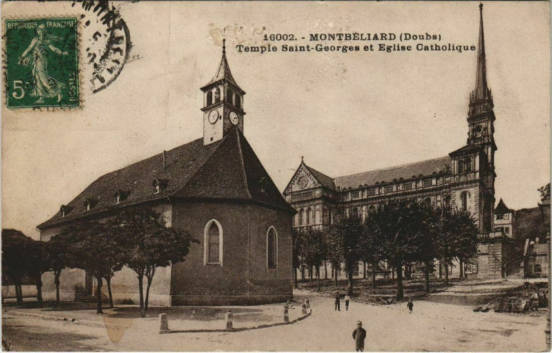 Carte postale ancienne Montbeliard Temple Saint-Georges et Eglise Catholique France à Montbéliard