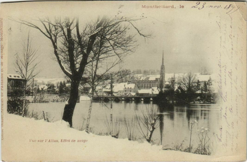 Carte postale ancienne Montbeliard vue sur l'Allan ,Effet de neige France à Montbéliard
