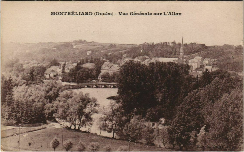 Carte postale ancienne Montbeliard vue generale sur l'Allan France à Montbéliard
