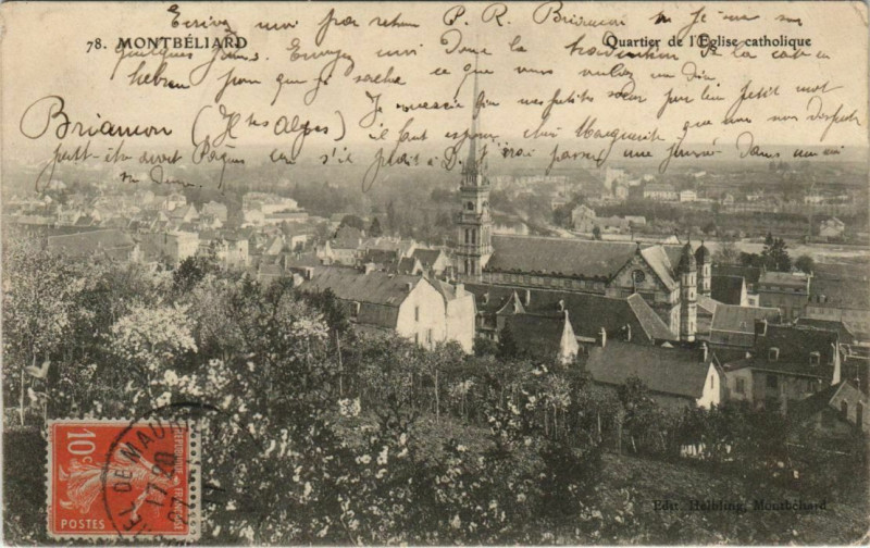 Carte postale ancienne Montbeliard Quartier de l'Eglise catholique France à Montbéliard