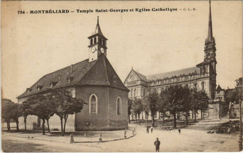 Carte postale ancienne Montbeliard Temple Saint-Georges et Eglise Catholique France à Montbéliard