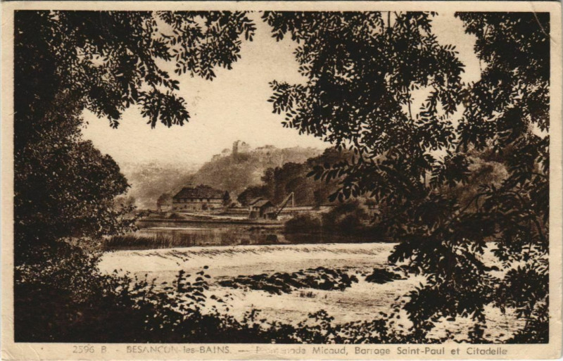 Carte postale ancienne Besancon Promenade Micaud ,Barrage Saint-Paul&Citadelle France à Besançon