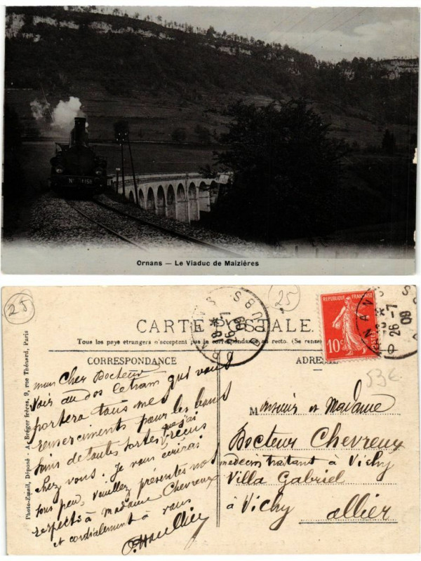 Carte postale ancienne Ornans Le Viaduc e Maizieres locomotive à Ornans