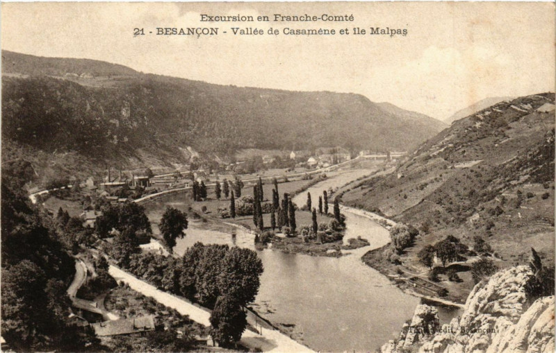 Carte postale ancienne Besancon - Vallée deCasaméne et ile Malpas à Besançon
