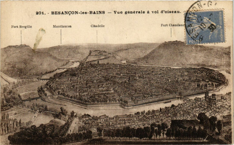 Carte postale ancienne Besancon-les-Bains - Vue générale a vol d'oiseau à Besançon