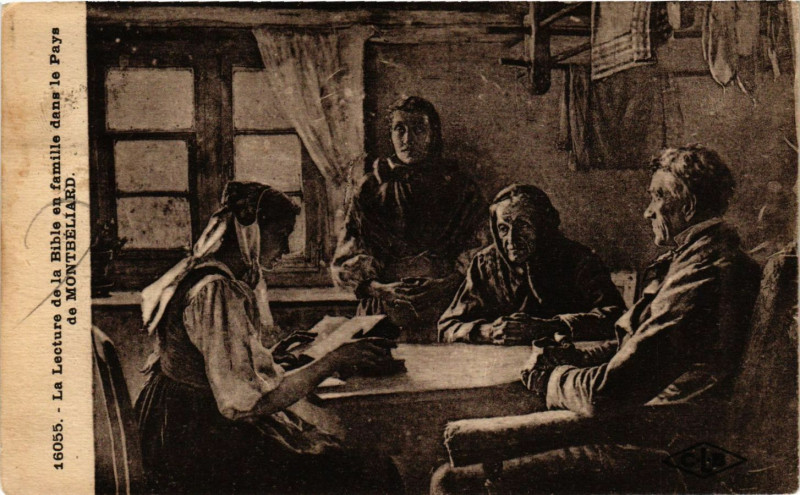 Carte postale ancienne La Lacture de la Bible en famille dans le Pays de Montbeliard à Montbéliard