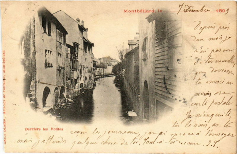 Carte postale ancienne Montbeliard le .7 Décember 1899 - Derriere les Voutes à Montbéliard