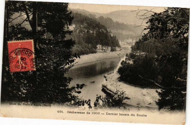 Carte postale ancienne Sécheresse de 1906 - Dernier basain du Doubs à Doubs