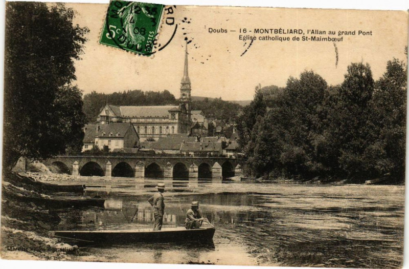 Carte postale ancienne Doubs - Montbeliard - l'Allan au grand Pont Eglise catholique... à Doubs