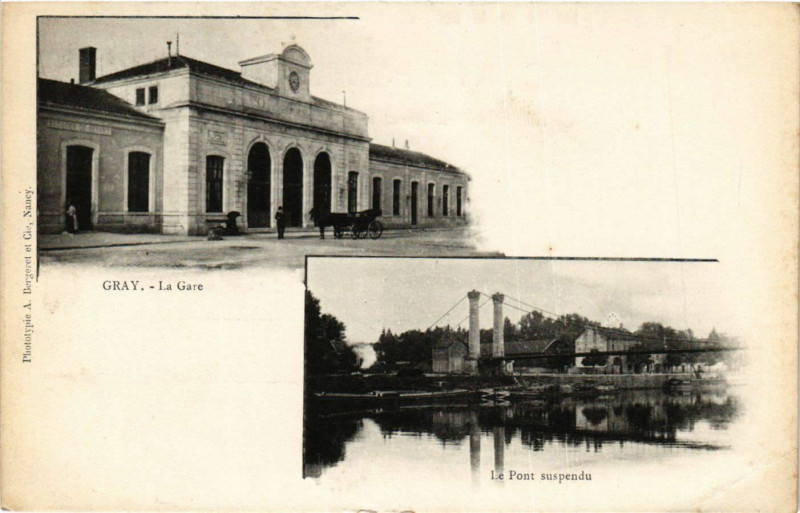 Carte postale ancienne Gray - La Gare - Le Pont Suspendu à Gray
