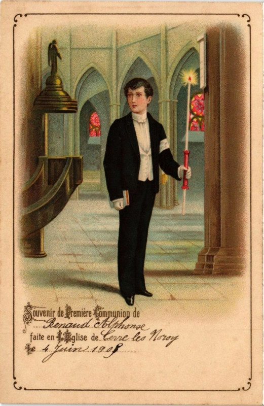 Carte postale ancienne Souvenir de Premiere Communion de faite en L'Eglise de Cerre