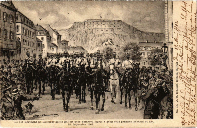 Carte postale ancienne Militaire - Belfort - Le 11e Regiment de Hussardsquitte à Belfort