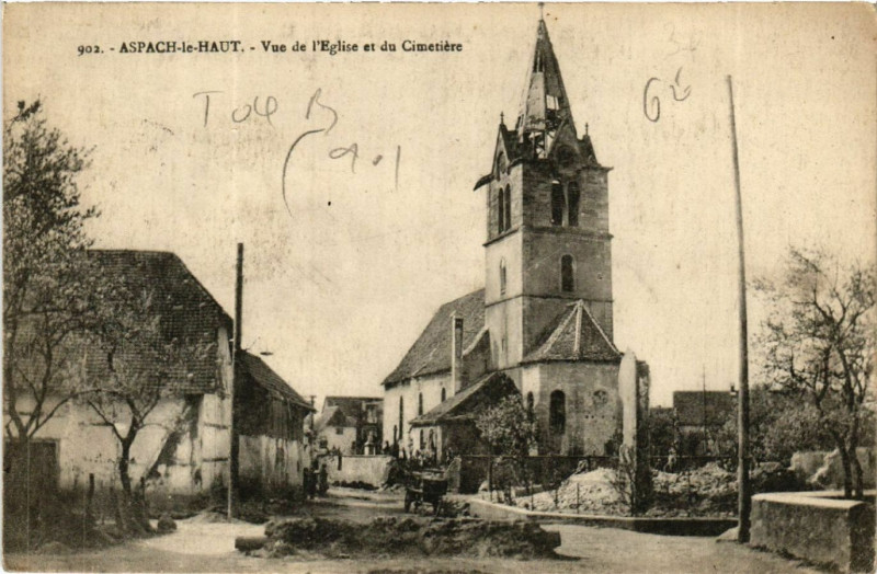 Carte postale ancienne Aspach-le-Haut - Vue de l'Eglise et du Cimetiére
