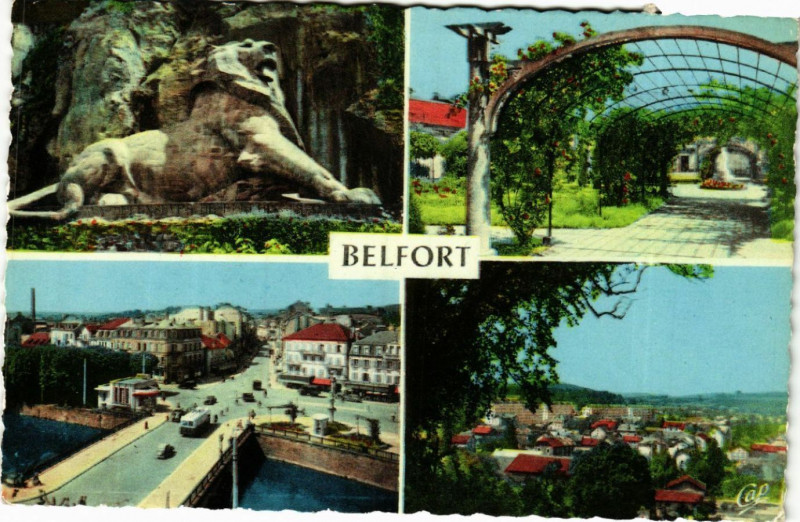 Carte postale ancienne Belfort - Le Lion (Ceuvre de Barthold) - Roseraie - Pont Carnot à Belfort