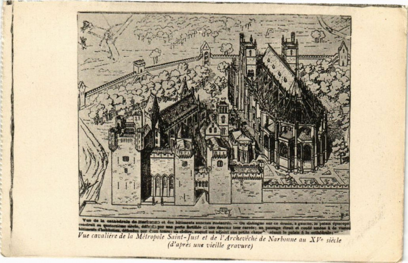 Carte postale ancienne Vue cavaliere de la Métropole Saint-Just, de l'Archevéche de Narbonne à Narbonne