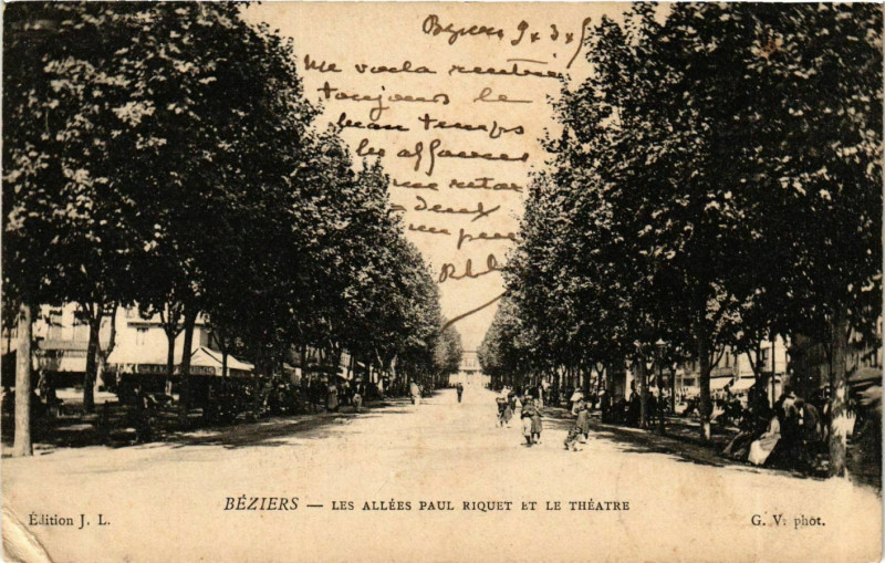 Carte postale ancienne Beziers Allées Paul Riquet et le Théatre à Béziers