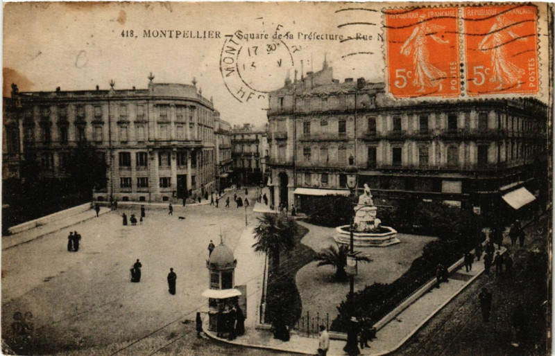 Carte postale ancienne Montpellier - Square de la Préfecture - Rue Nationale à Montpellier