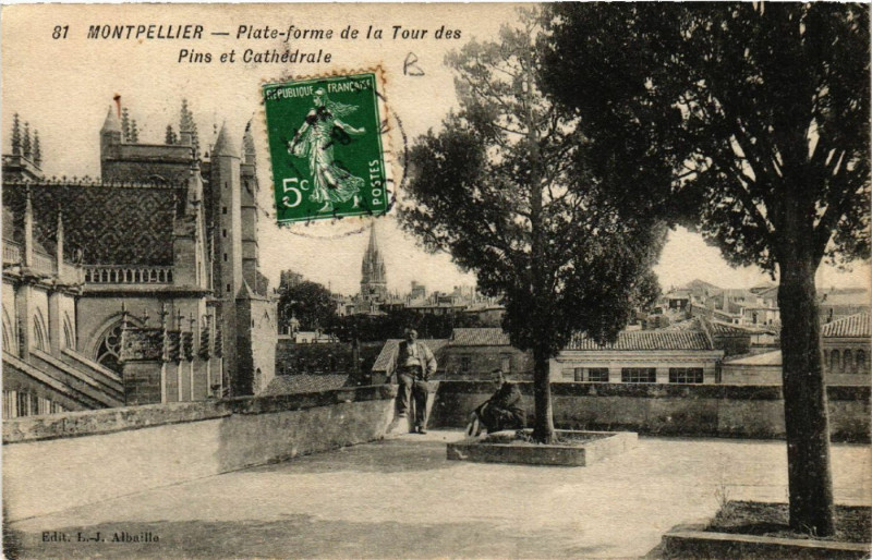 Carte postale ancienne Montpellier - Plate-forme de la Tour des Pins et Cathédrale à Montpellier