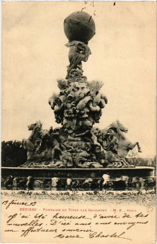 Carte postale ancienne Béziers - Fontaine du Titan par Injalbert à Béziers