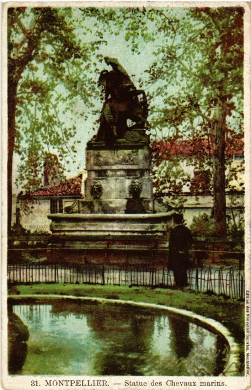 Carte postale ancienne Montpellier - Statue des Chevaux marins à Montpellier
