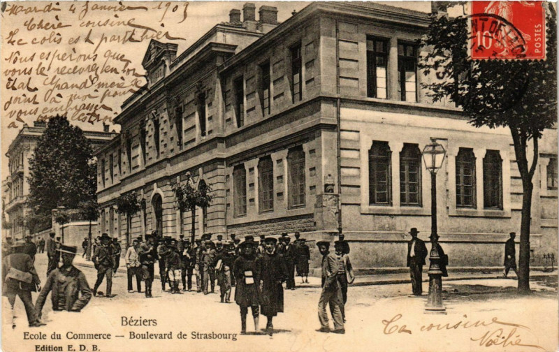 Carte postale ancienne Béziers -Ecole du Commerce - Boulevard de Stasbourg à Béziers