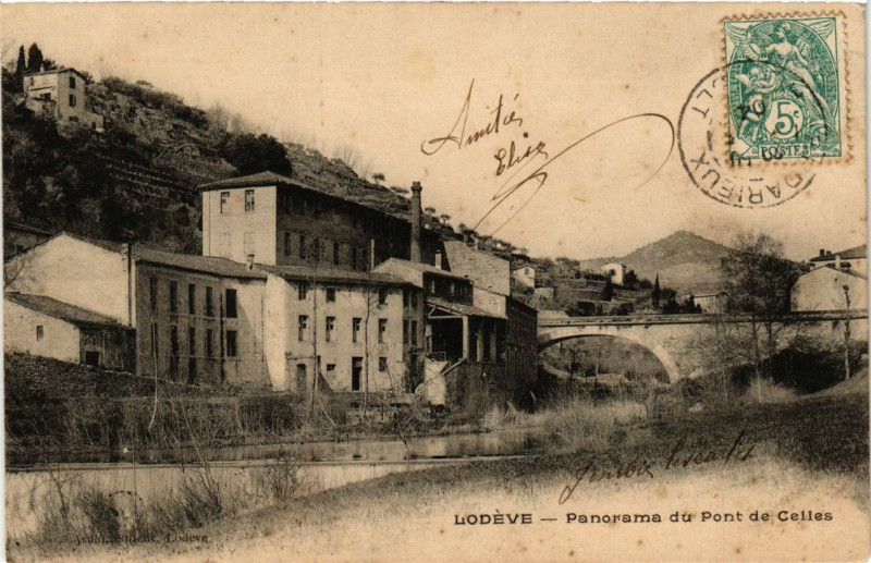Carte postale ancienne Lodeve - Panorama du Pont de Celles à Lodève
