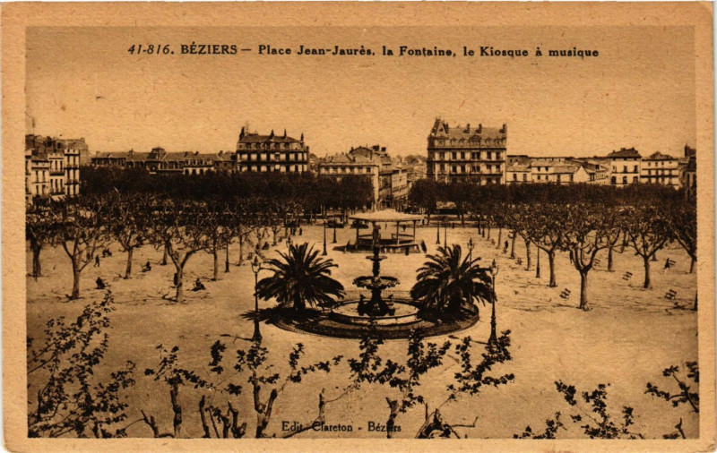 Carte postale ancienne Beziers - Place Jean-Jaures la Fontaine le Kiosque a musique à Béziers