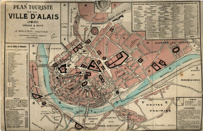 Carte postale ancienne Plan Touriste de la Ville d'Alais (1911)