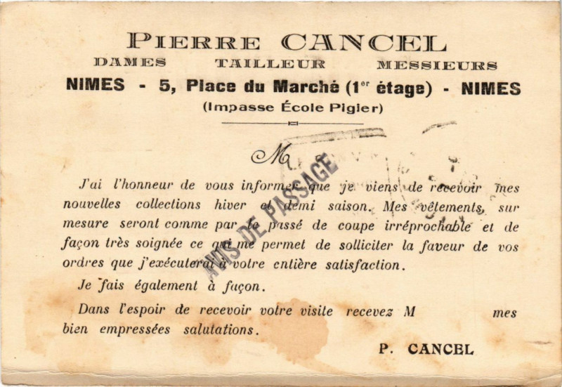 Carte postale ancienne Pierre Cancel - Dames Tailleur Messieurs - Nimes 5 Place du Marché à Nîmes