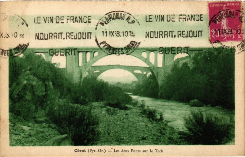Carte postale ancienne Ceret - Les deux Ponts sur le Tech à Céret