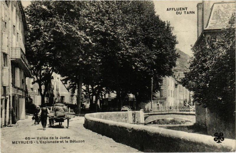Carte postale ancienne Meyrueis - L'Esplanade et le Betuzon à Meyrueis