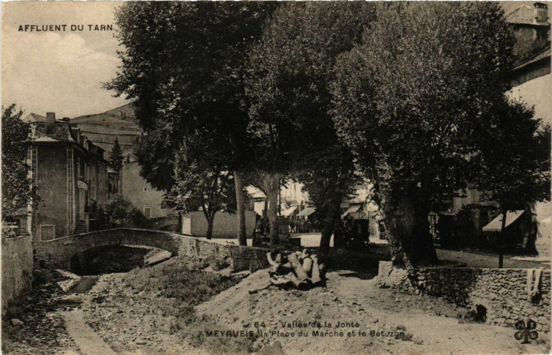 Carte postale ancienne Meyrueis - La Place du Marché et le Betuzon - Vallée de la Jonte à Meyrueis