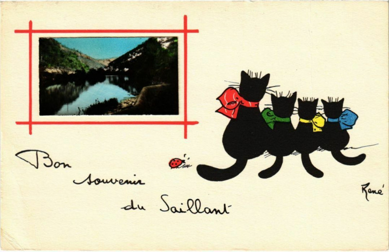 Carte postale ancienne Le Saillant - Landscape with a River - Cats