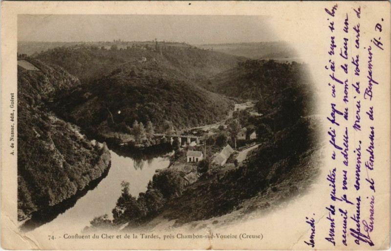 Carte postale ancienne Chambon Confluent du Cher et de la Tardes France à Tardes