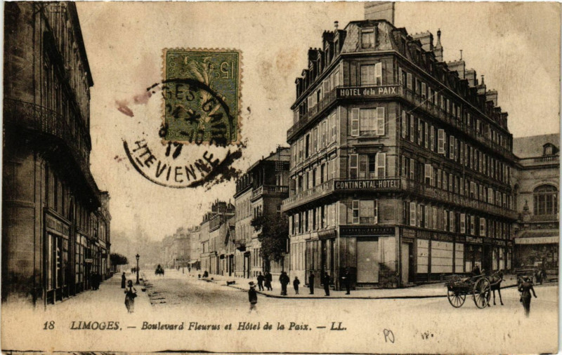 Carte postale ancienne Limoges - Boulevard Fleurus et Hotel de la Paix à Limoges