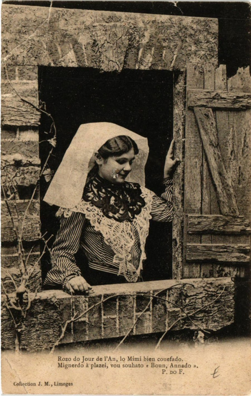 Carte postale ancienne Rozo do Jour de l'An lo Mimi bien couafado MIGNErdo a plazei vou