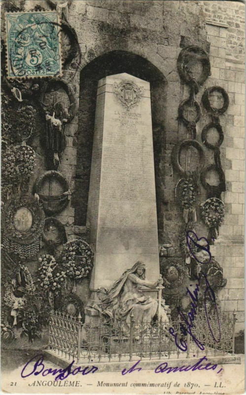 Carte postale ancienne Angouleme- Monument commemoratif de 1870 France à Angoulême