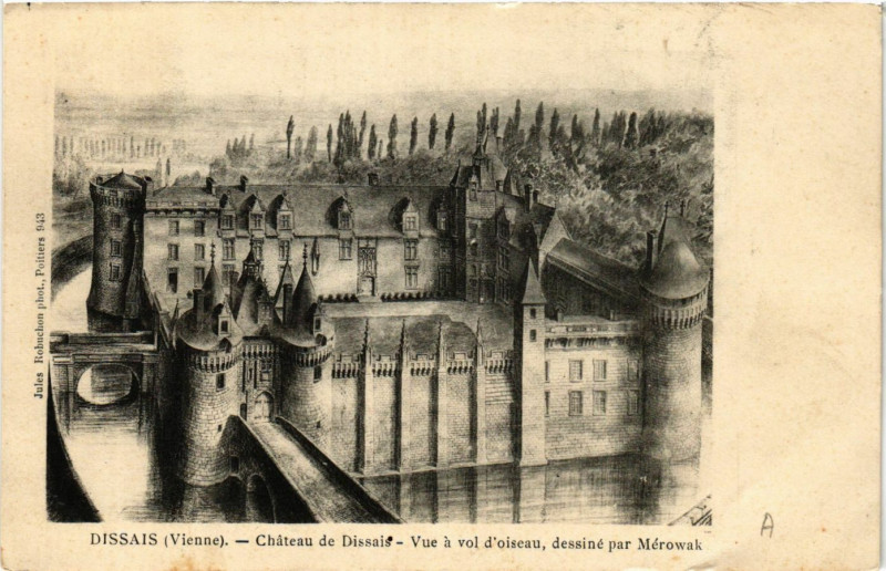 Carte postale ancienne Dissais - Chateau de Dissais - Vue a vol d'Oiseau