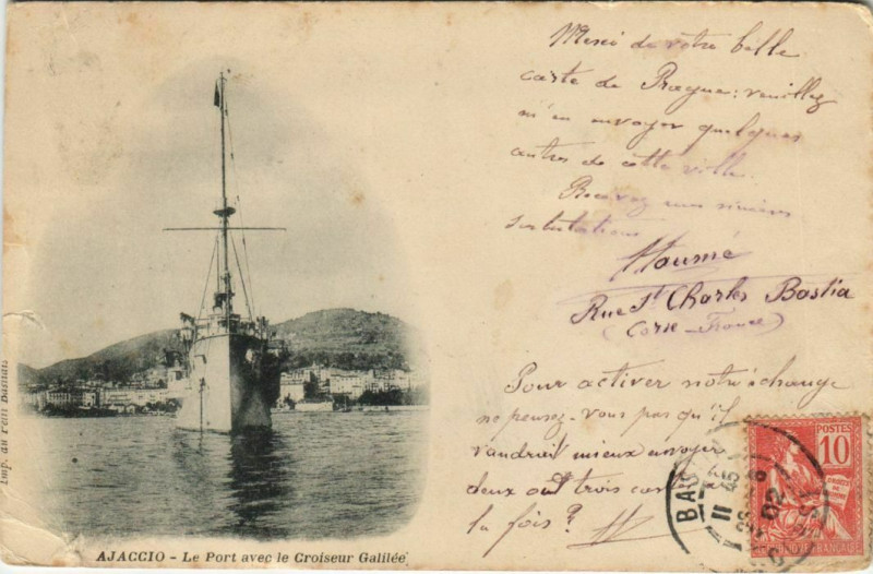 Carte postale ancienne Ajaccio Le Port avec le Croiseur Galilee Corsica à Ajaccio