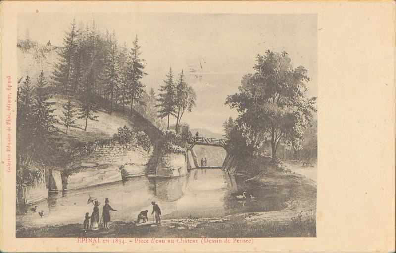 Carte postale ancienne Epinal en 1834, Pièce d'eau au Château (Dessin de Pensée) Cp 0236 PsurR à Épinal