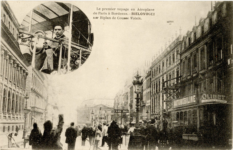 Carte postale ancienne Le premier voyage en aéroplane de Paris à Bordeaux. Bielovucic sur biplan de course Voisin (1910) à Bordeaux