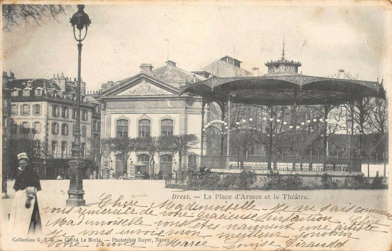 Carte postale ancienne Brest Place D'Armes Et Theatre à Brest