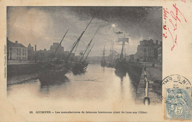 Carte postale ancienne Quimper Les Manufactures De Faiences Bretonnes Clair De Lune Sur L'Odet à Quimper