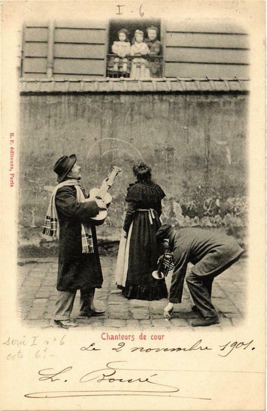 Carte postale ancienne Paris métiers. Chanteurs de cours à Paris