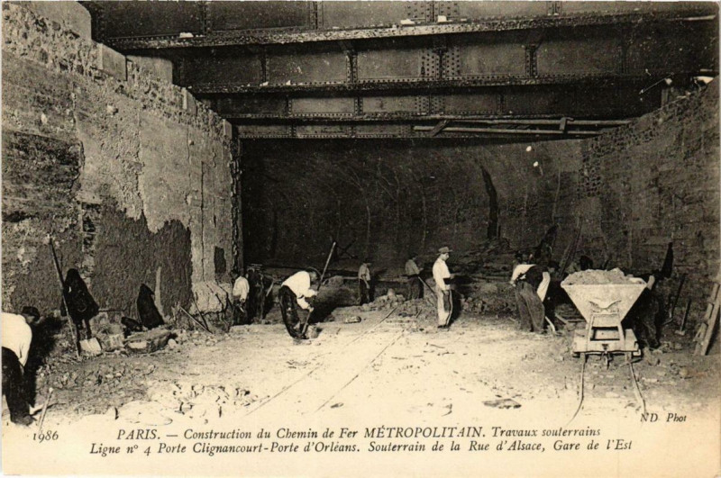 Carte postale ancienne Paris Construction du Chemin de Fer Métropolitain. Ligne No. 4 à Paris