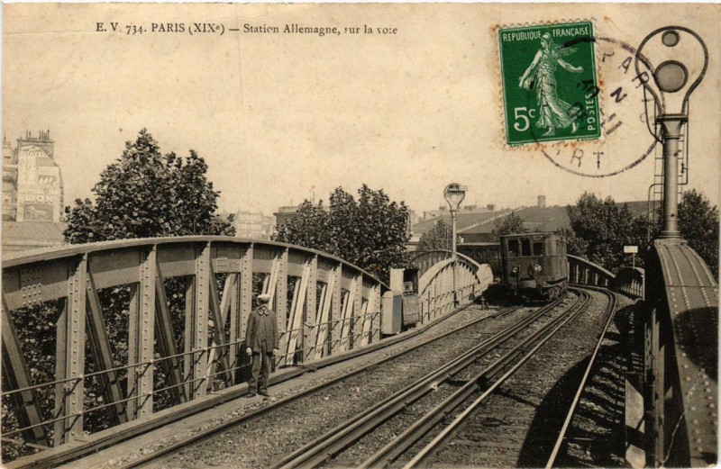 Carte postale ancienne Station Allemagne, sur la voie à Paris 19e