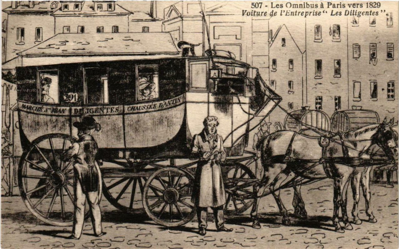 Carte postale ancienne Les Omnibus a Paris vers 1829 Les Diligentes à Paris