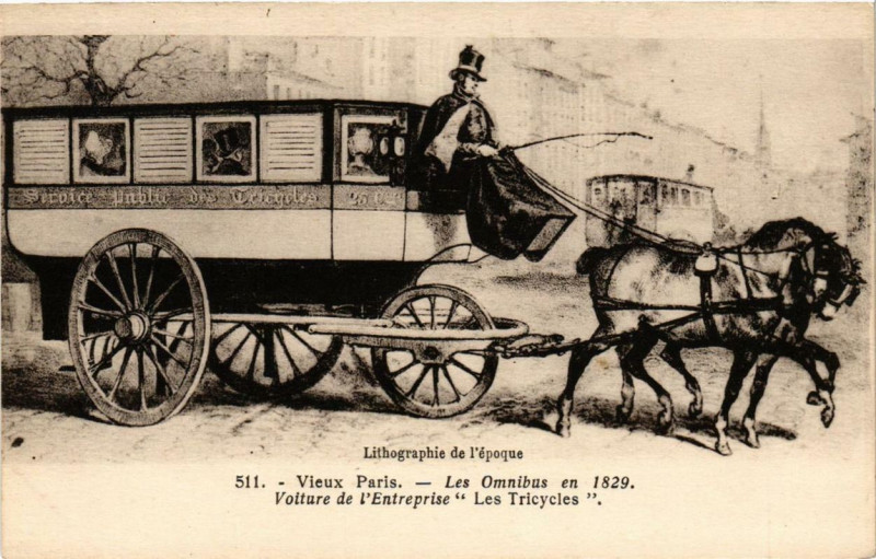 Carte postale ancienne Vieux Paris Les Omnibus en 1829 Les Tricycles à Paris