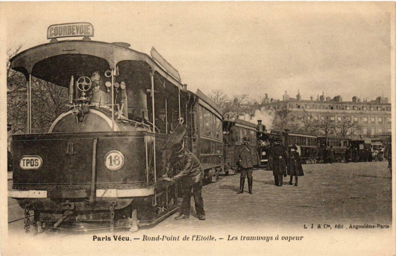 Carte postale ancienne Paris Vécu. Rond-Point de l'Etoile Les tramways a vapeur à Paris